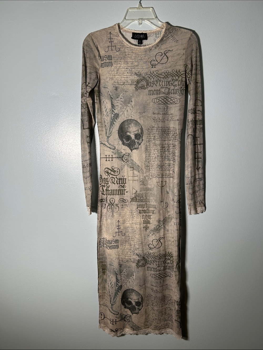 Dolls Kill Widow Taupe Scripted Skull Long-Sleeve Maxi Dress